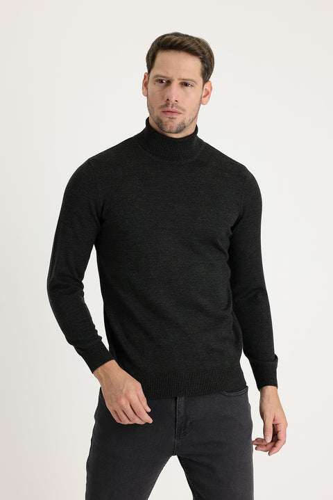 Orta Antrasit Balıkçı Yaka Slim Fit Dar Kesim Desenli Triko Kazak