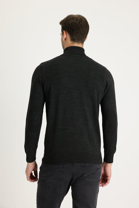 Orta Antrasit Balıkçı Yaka Slim Fit Dar Kesim Desenli Triko Kazak