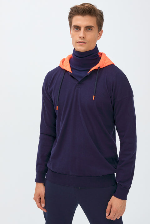 Orta Lacivert Kapüşonlu Triko/Pamuk Sweatshirt