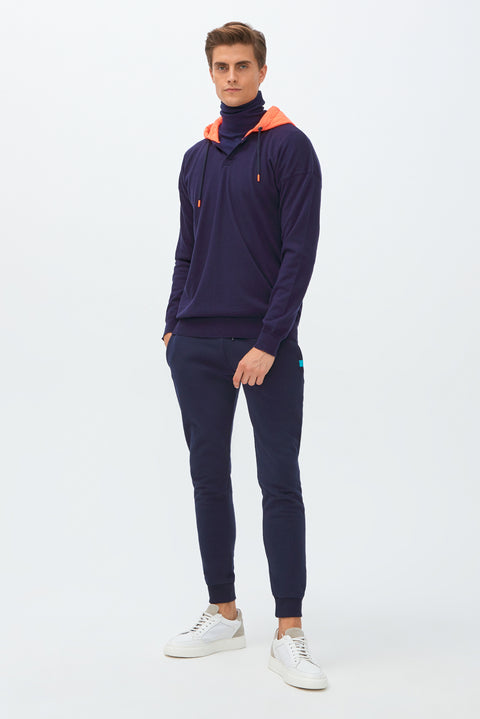 Orta Lacivert Kapüşonlu Triko/Pamuk Sweatshirt