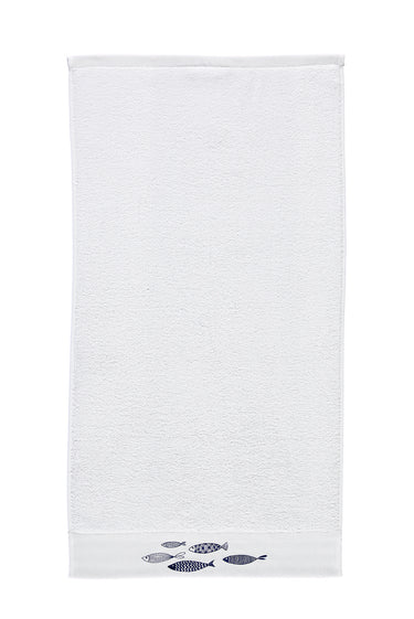 Beyaz Balık Nakışlı Pamuk Yüz Havlusu (50x90)