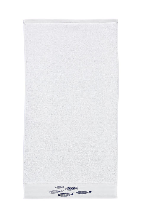 Beyaz Balık Nakışlı Pamuk Yüz Havlusu (50x90)