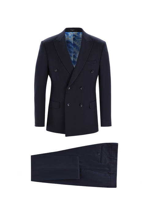 Koyu Lacivert 7 Drop Super Slim Fit Eksra Dar Kesim Fit Kruvaze Takım Elbise