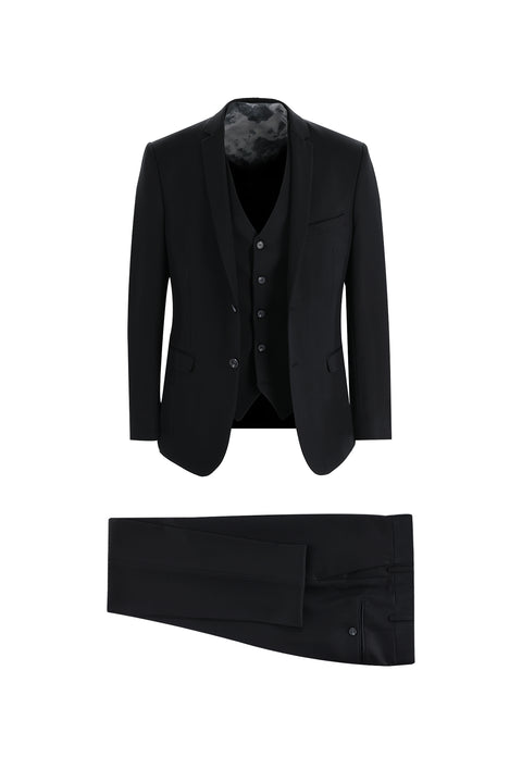 Siyah 7 Drop Super Slim Fit Eksra Dar Kesim Yelekli Takım Elbise