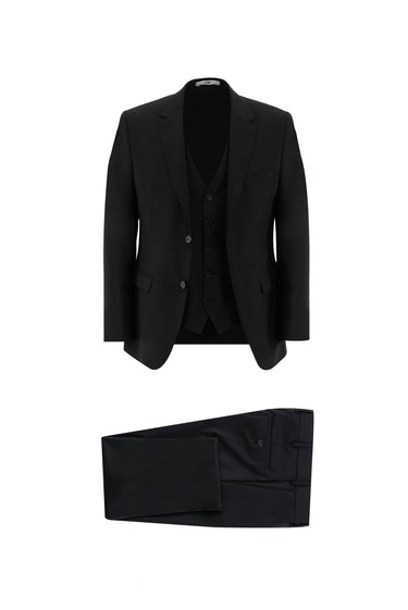 Siyah Relaxed Fit Rahat Kesim Yelekli Takım Elbise