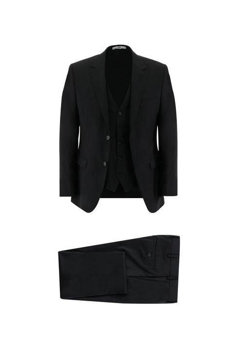 Siyah 4 Drop Relaxed Fit Rahat Kesim Yelekli Takım Elbise