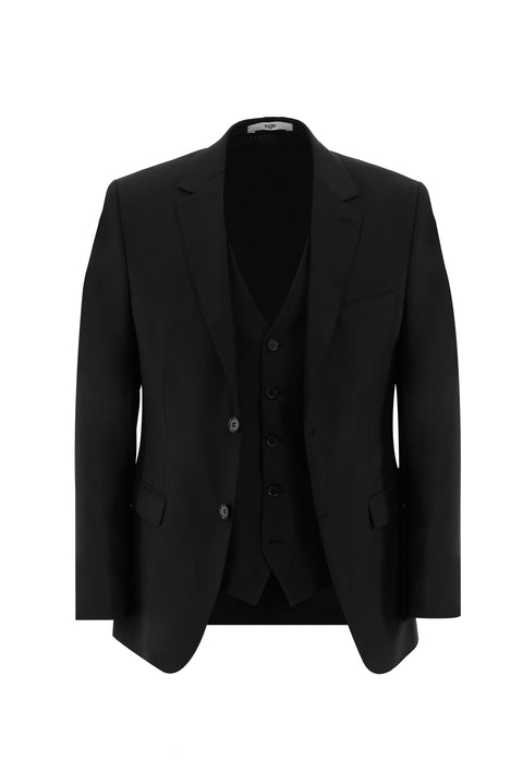 Siyah 4 Drop Relaxed Fit Rahat Kesim Yelekli Takım Elbise