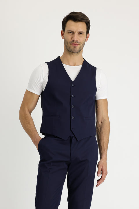 Orta Lacivert 7 Drop Super Slim Fit Eksra Dar Kesim Fit Yelekli Takım Elbise