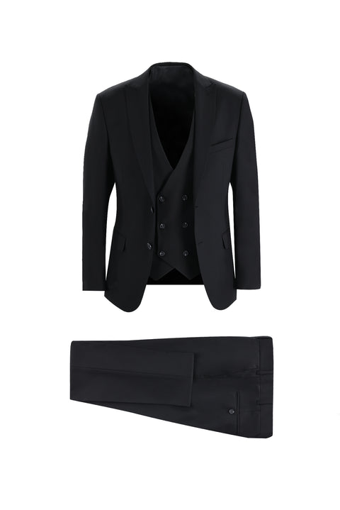 Siyah 7 Drop Super Slim Fit Eksra Dar Kesim Yelekli Takım Elbise