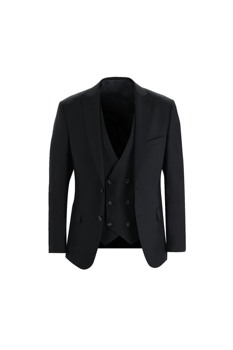 Siyah 7 Drop Super Slim Fit Eksra Dar Kesim Yelekli Takım Elbise