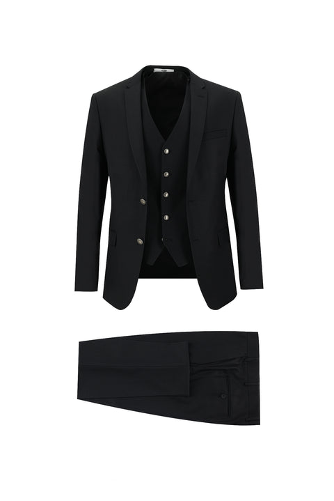 Siyah 7 Drop Super Slim Fit Eksra Dar Kesim Desenli Yelekli Takım Elbise