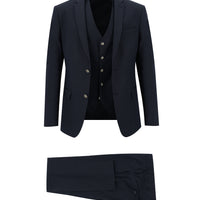 Koyu Lacivert 7 Drop Super Slim Fit Eksra Dar Kesim Fit Desenli Yelekli Takım Elbise