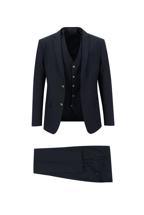 Koyu Lacivert 7 Drop Super Slim Fit Eksra Dar Kesim Fit Desenli Yelekli Takım Elbise