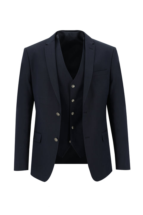Koyu Lacivert 7 Drop Super Slim Fit Eksra Dar Kesim Fit Desenli Yelekli Takım Elbise