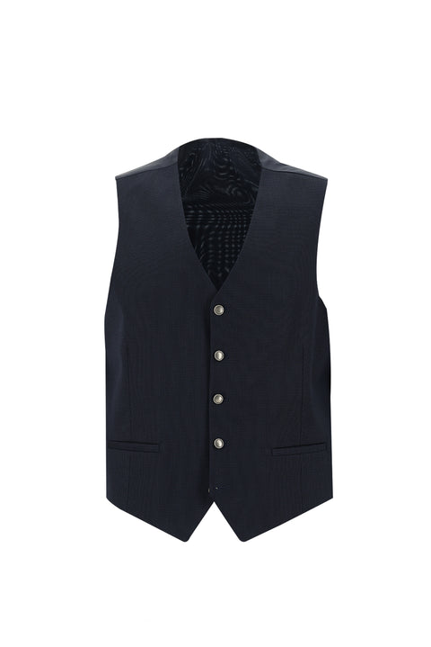 Koyu Lacivert 7 Drop Super Slim Fit Eksra Dar Kesim Fit Desenli Yelekli Takım Elbise