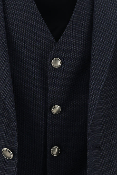 Koyu Lacivert 7 Drop Super Slim Fit Eksra Dar Kesim Fit Desenli Yelekli Takım Elbise