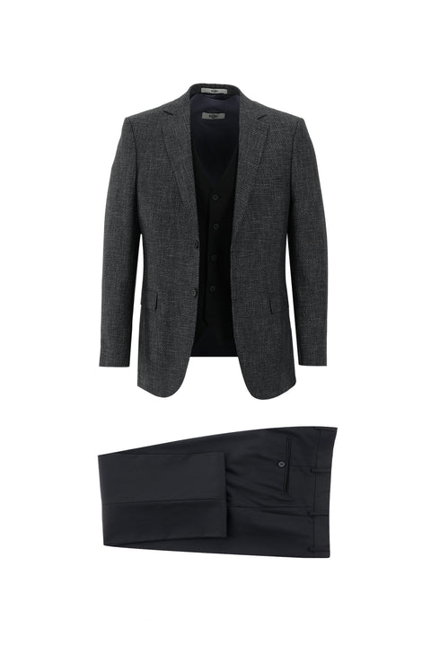 Siyah 6 Drop Regular Fit Standart Kesim Kombinli Yelekli Keten Takım Elbise