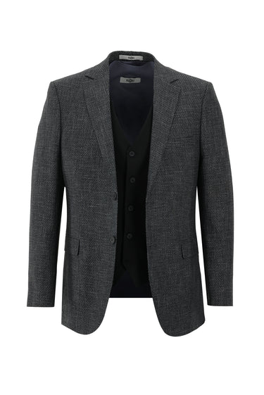 Siyah Regular Fit Kombinli Yelekli Keten Karışımlı Takım Elbise