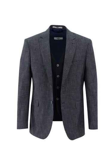 Koyu Lacivert Slim Fit Dar Kesim Kombinli Yelekli Keten Takım Elbise