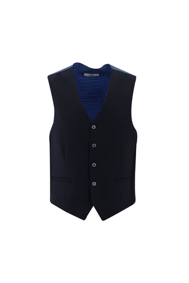 Koyu Lacivert Slim Fit Dar Kesim Kombinli Yelekli Keten Takım Elbise