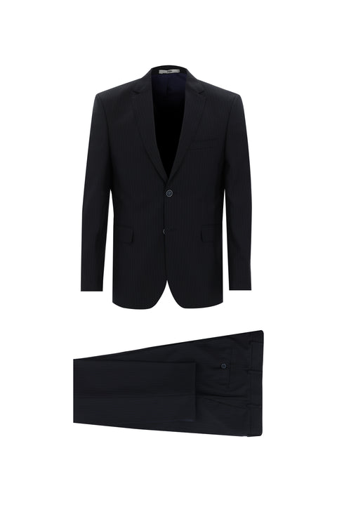 Siyah Lacivert 7 Drop Slim Fit Dar Kesim Çizgili Takım Elbise