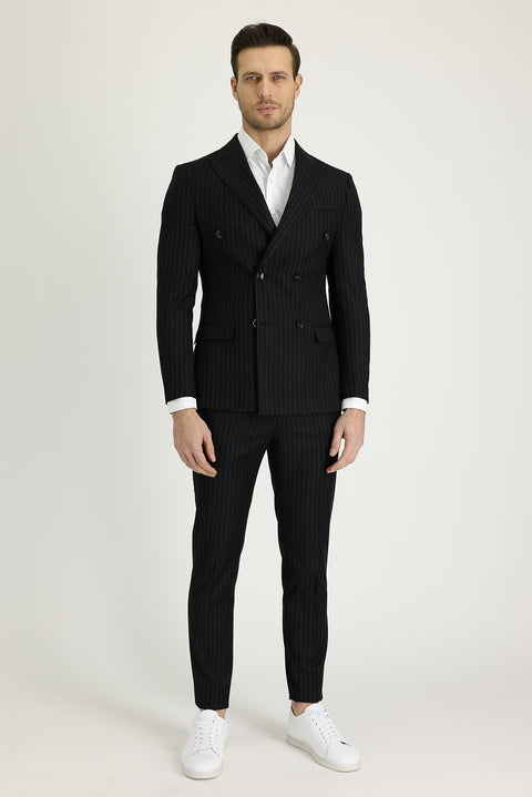 Black 7 Drop Slim Fit Striped Double-Breasted Suit