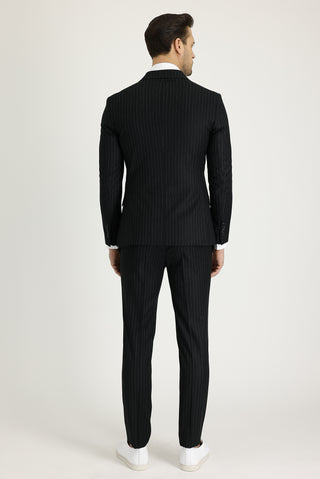  Siyah 7 Drop Slim Fit Dar Kesim Çizgili Kruvaze Takım Elbise