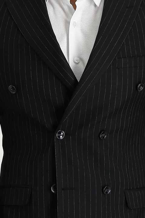 Siyah 7 Drop Super Slim Fit Eksra Dar Kesim Çizgili Kruvaze Takım Elbise