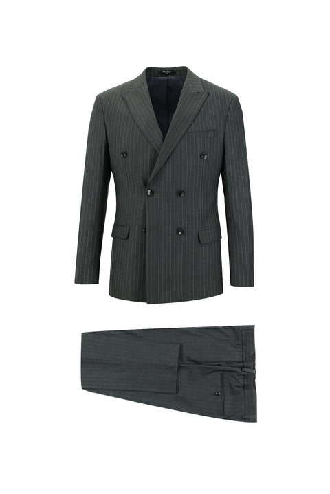 Orta Gri 7 Drop Super Slim Fit Eksra Dar Kesim Çizgili Kruvaze Takım Elbise