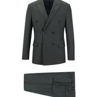 Orta Gri 7 Drop Slim Fit Dar Kesim Çizgili Kruvaze Takım Elbise
