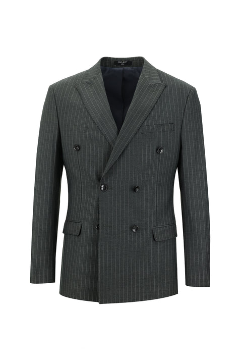 Orta Gri 7 Drop Slim Fit Dar Kesim Çizgili Kruvaze Takım Elbise
