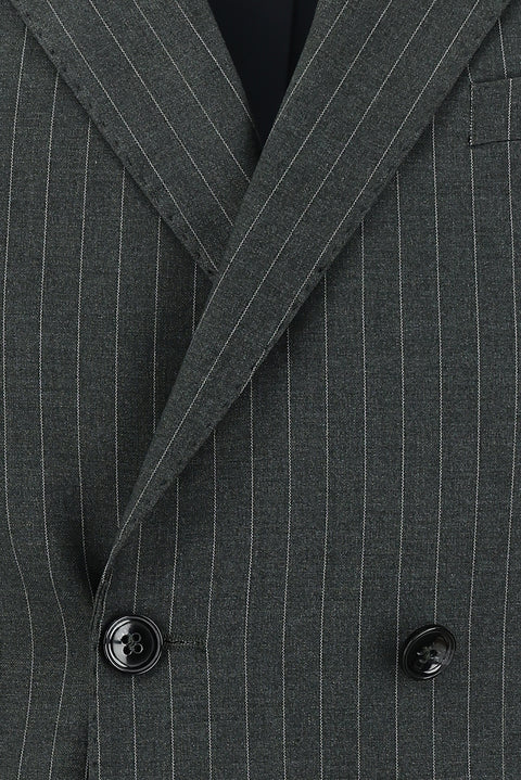 Orta Gri 7 Drop Slim Fit Dar Kesim Çizgili Kruvaze Takım Elbise