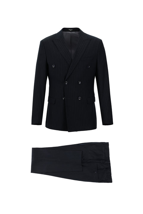 Dark Navy 7 Drop Super Slim Fit Extra Narrow Cut Striped Double-Breasted Suit