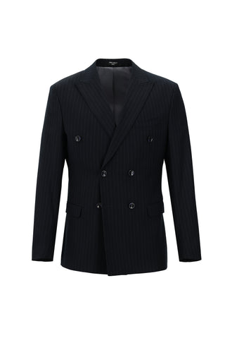  Koyu Lacivert 7 Drop Slim Fit Dar Kesim Çizgili Kruvaze Takım Elbise