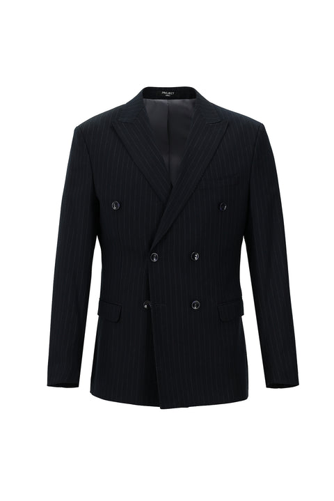Koyu Lacivert 7 Drop Slim Fit Dar Kesim Çizgili Kruvaze Takım Elbise