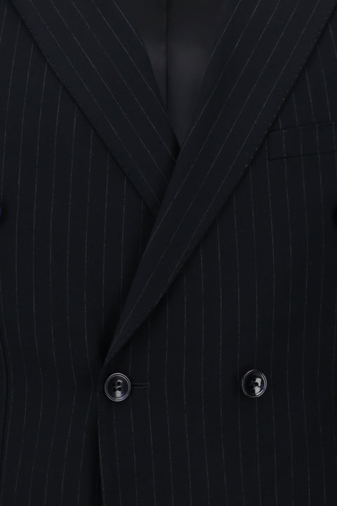 Koyu Lacivert 7 Drop Slim Fit Dar Kesim Çizgili Kruvaze Takım Elbise