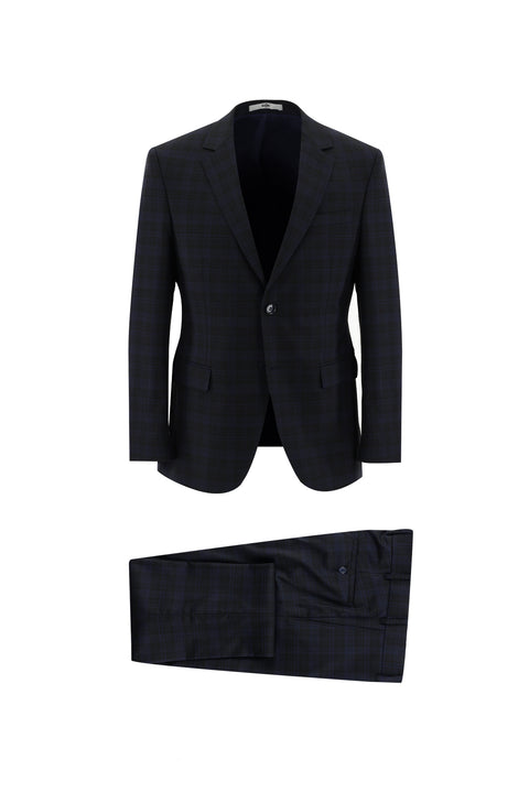 Koyu Lacivert 7 Drop Slim Fit Dar Kesim Ekose Takım Elbise