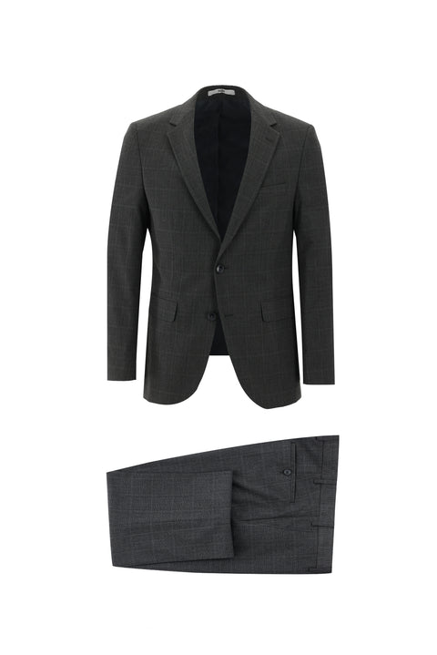 Koyu Füme 7 Drop Slim Fit Dar Kesim Ekose Takım Elbise