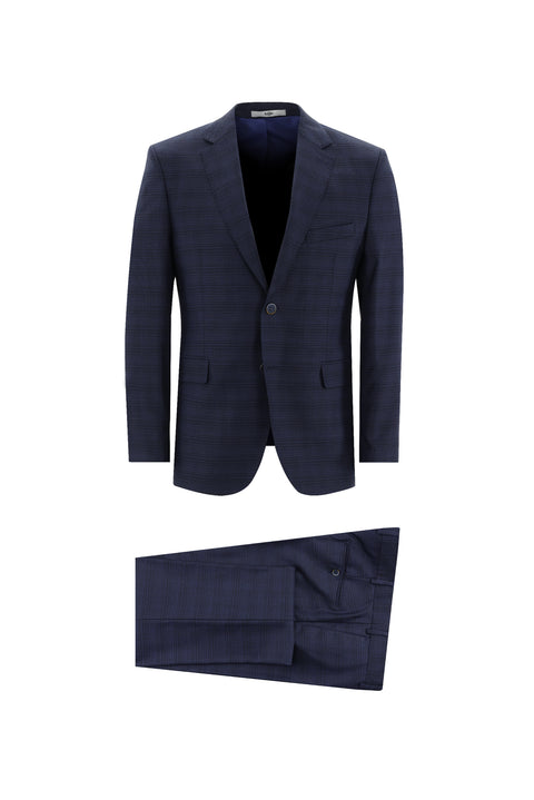 Orta Lacivert 7 Drop Slim Fit Dar Kesim Ekose Takım Elbise