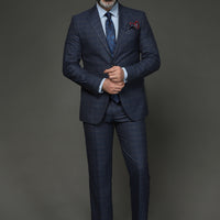 Açık Lacivert Slim Fit Dar Kesim Ekose Takım Elbise