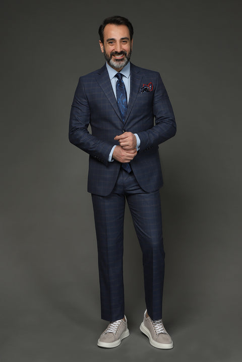 Açık Lacivert 7 Drop Slim Fit Dar Kesim Ekose Takım Elbise
