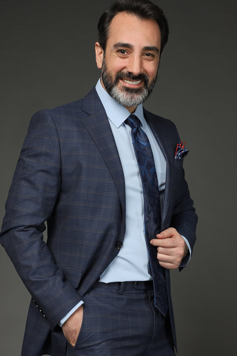 Açık Lacivert 7 Drop Slim Fit Dar Kesim Ekose Takım Elbise