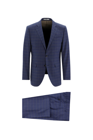 Açık Lacivert Slim Fit Dar Kesim Ekose Takım Elbise