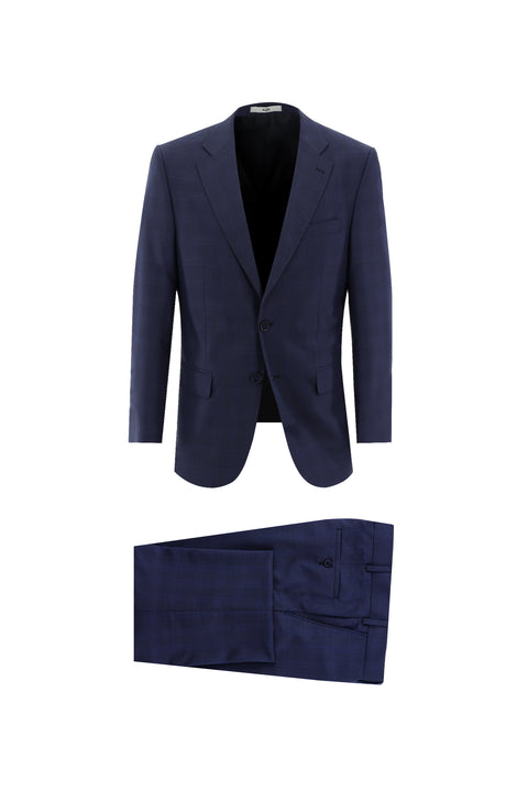 Orta Lacivert 4 Drop Relaxed Fit Rahat Kesim Ekose Takım Elbise