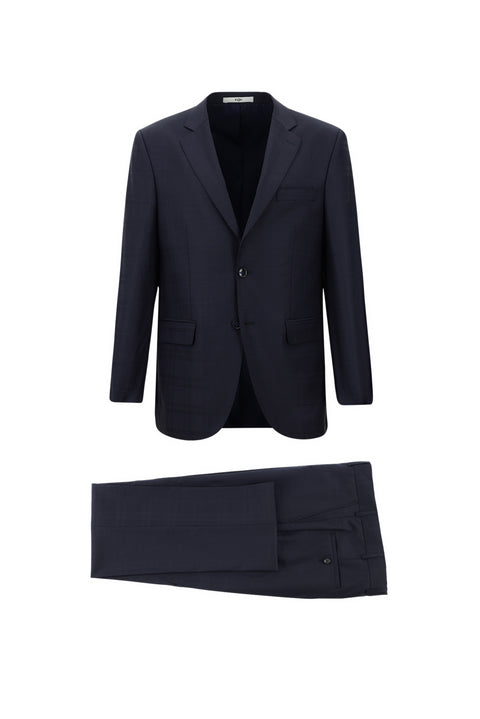 Koyu Lacivert 4 Drop Relaxed Fit Rahat Kesim Yünlü Ekose Takım Elbise