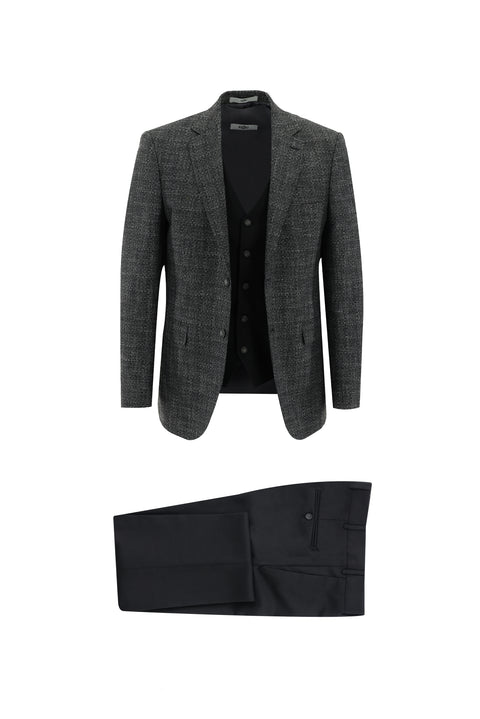 Siyah 7 Drop Slim Fit Dar Kesim Kombinli Yelekli Keten Takım Elbise