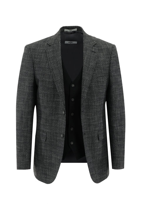 Siyah 7 Drop Slim Fit Dar Kesim Kombinli Yelekli Keten Takım Elbise