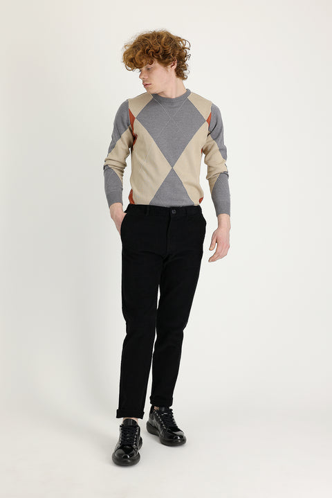 Siyah 7 Drop Slim Fit Dar Kesim Likralı Kadife Pantolon