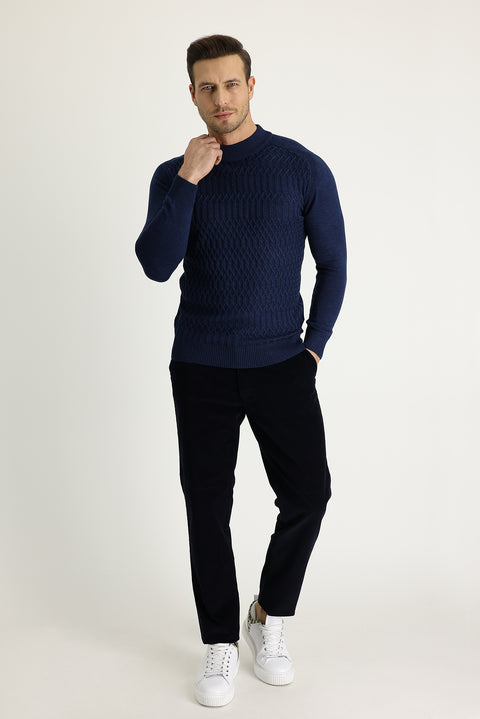 Koyu Lacivert 4 Drop Relaxed Fit Rahat Kesim Likralı Kadife Pantolon