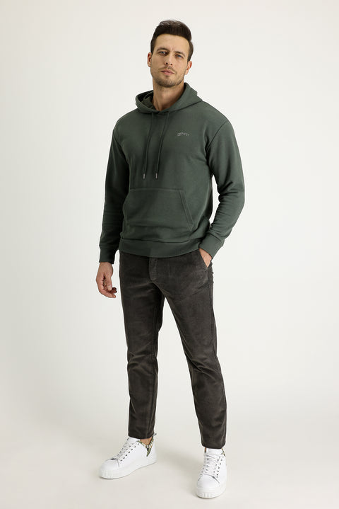 Orta Haki 6 Drop Regular Fit Standart Kesim Likralı Kadife Pantolon